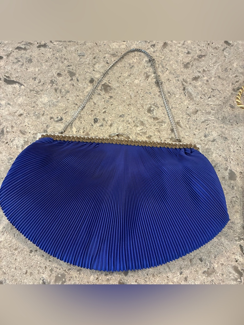 Vintage Cobalt Blue Pleated Evening Clutch with Chain Handle